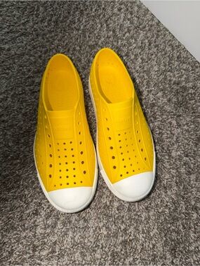 Yellow Slip-On Native Shoes with White Toe